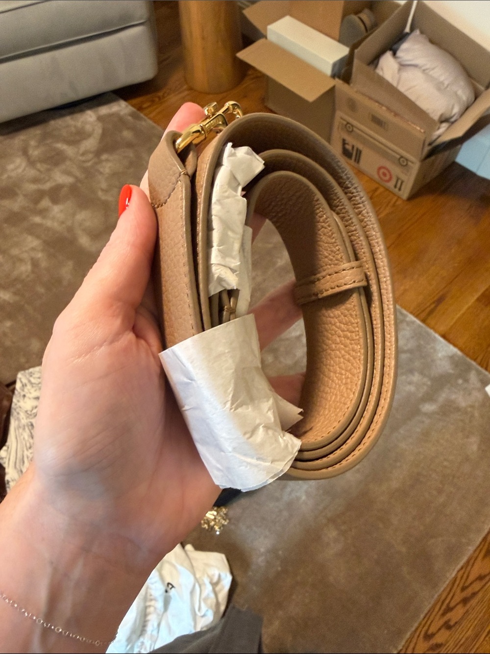 Cuyana cappuccino Leather crossbody strap purse 1.25” with Gold Hardware